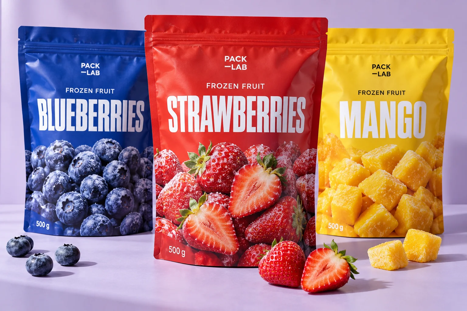 Strawberry, blueberry and mango designs on resealable 500 g frozen fruit pouches — Packaging design concept