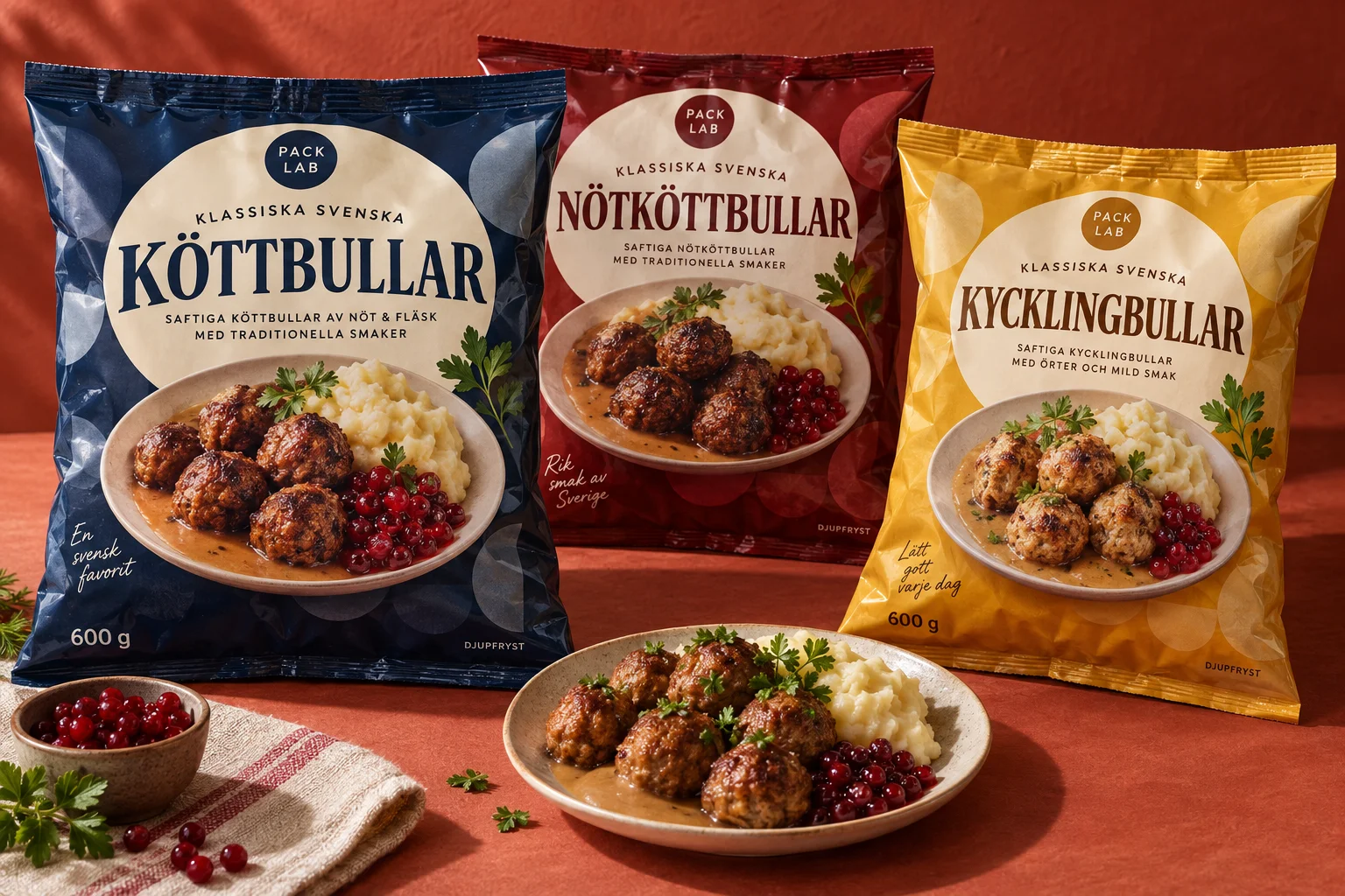 Swedish meatball, beef meatball and chicken meatball designs on 600 g freezer bags — Packaging design concept