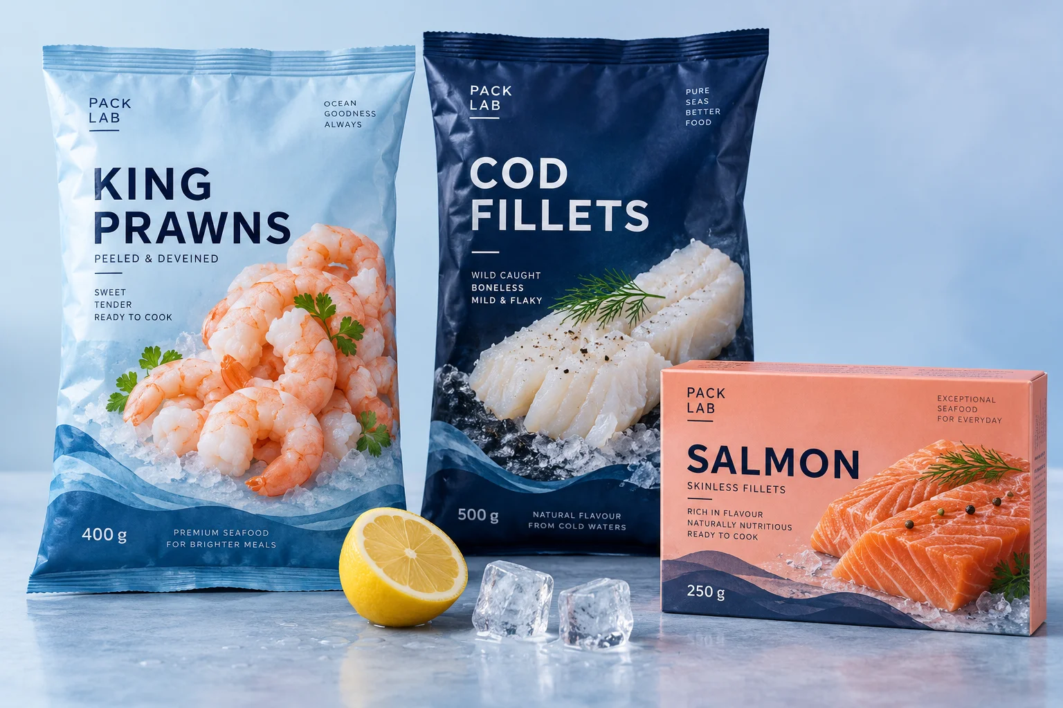 Ice blue prawn bag, navy cod fillet bag and coral salmon carton design concepts — Packaging design concept