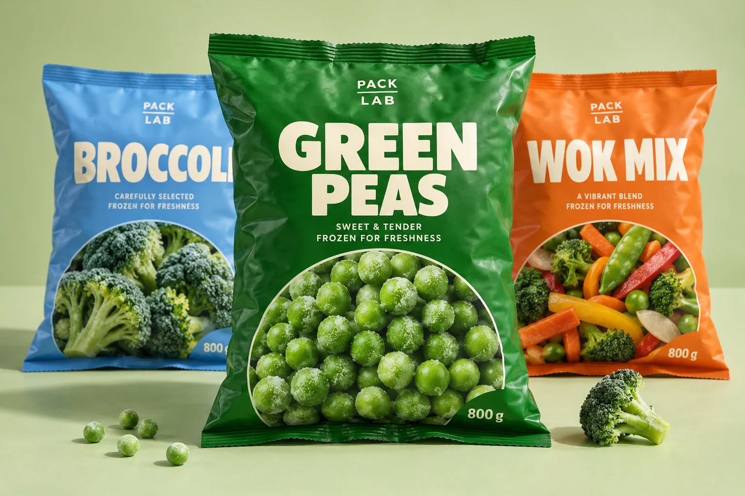 Green peas, broccoli and wok vegetables in colourful 800 g supermarket freezer bags — Packaging design concept