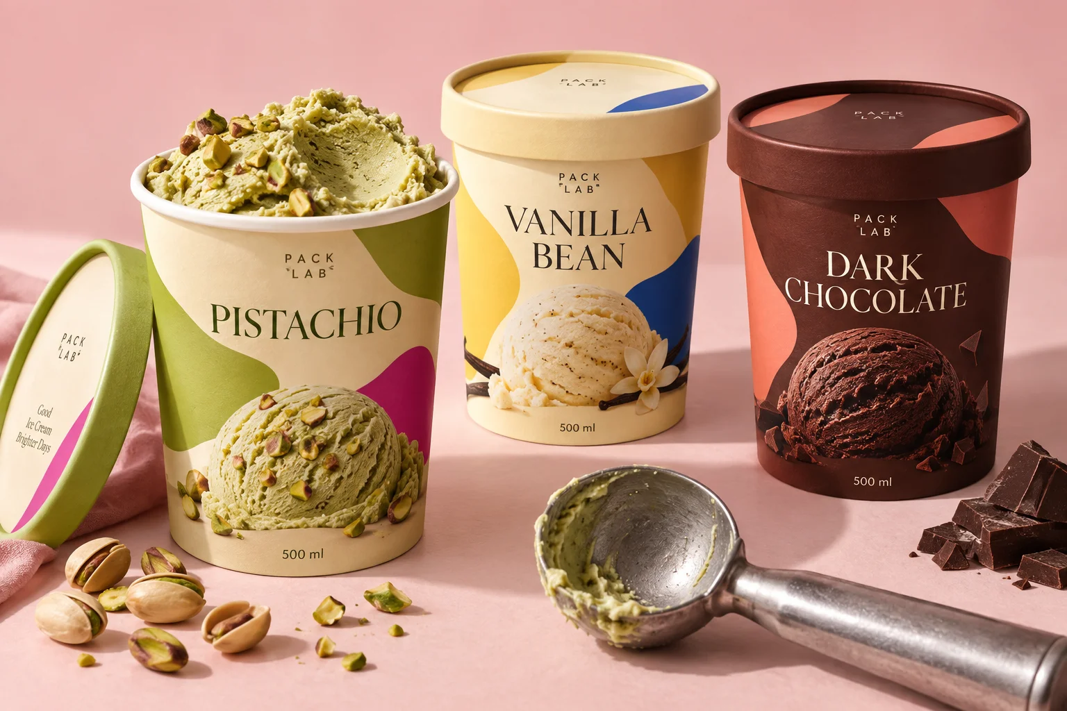 Pistachio, vanilla bean and dark chocolate ice cream tub packaging concepts — Packaging design concept