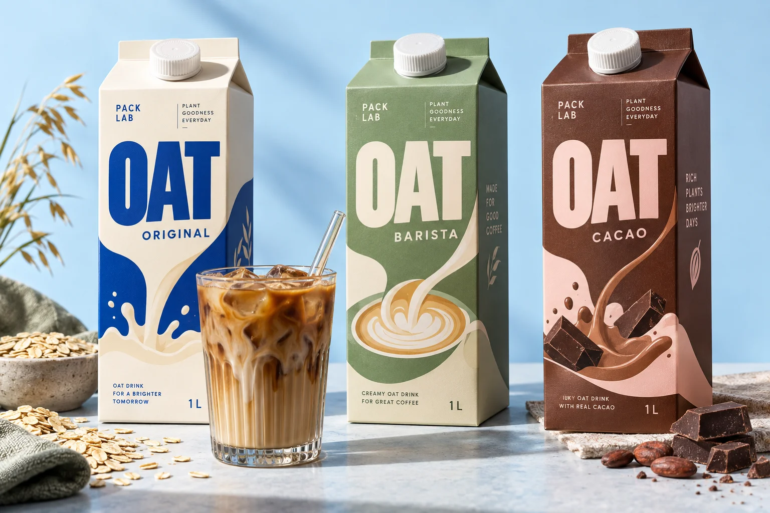 Original, barista and cacao oat drink carton designs in cream, sage and chocolate — Packaging design concept
