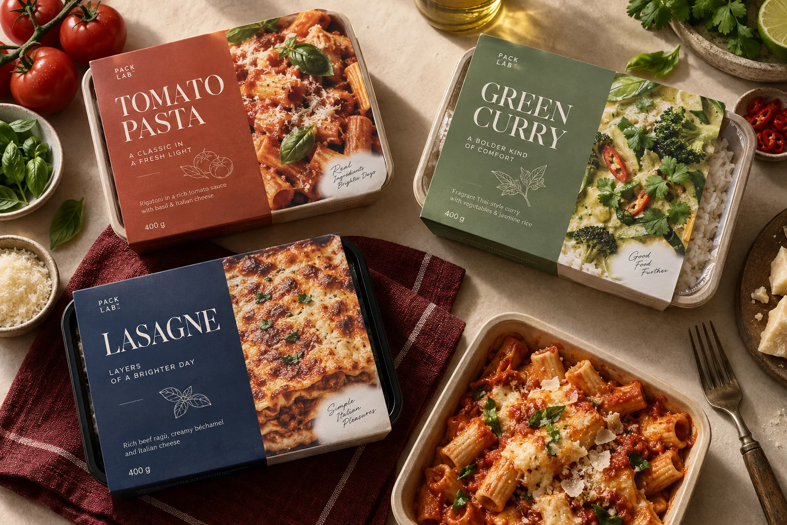 Tomato pasta, green curry and lasagne tray sleeves with coordinated food photography — Packaging design concept