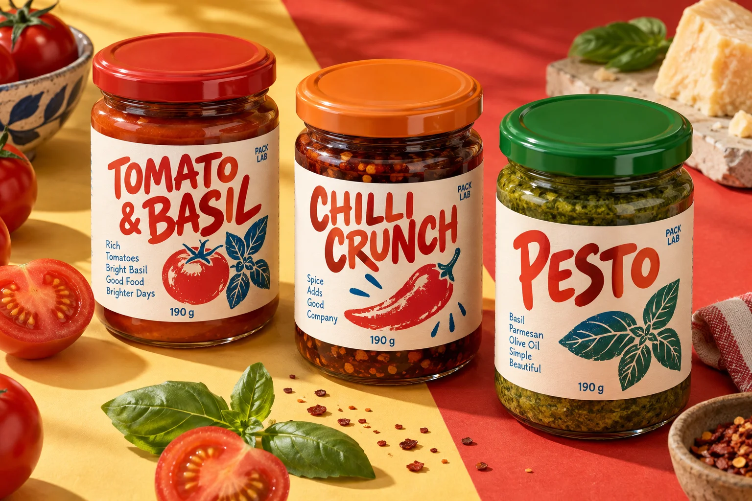 Tomato and basil, chilli crunch and pesto jars with expressive illustrated labels — Packaging design concept