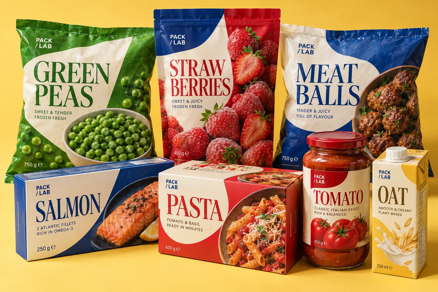 Colourful supermarket packaging design collection with freezer bags, cartons, a jar and a drink carton — Packaging design concept